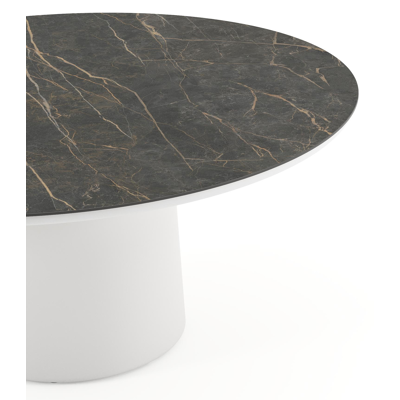 Amico low dining tuintafel rond in wit aluminium en volkeramiek Black Obsession - Dia. 148 x H 61 cm