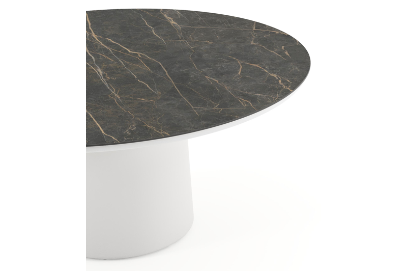 Amico low dining tuintafel rond in wit aluminium en volkeramiek Black Obsession - Dia. 148 x H 61 cm