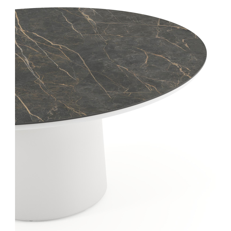 Amico low dining tuintafel rond in wit aluminium en volkeramiek Black Obsession - Dia. 148 x H 61 cm