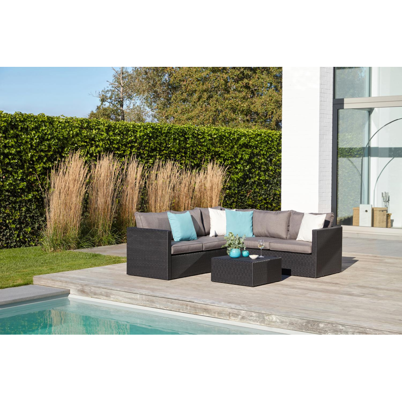 Gio loungehoek in zwart wicker en aluminium met grijs polyester kussen en loungetafel