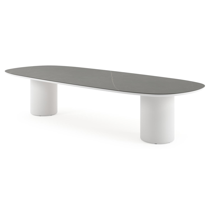 Table de jardin low dining Amico bombo en aluminium blanc et céramique pleine Calatorao - Lg. 320 x Lrg. 130 x Haut. 61 cm