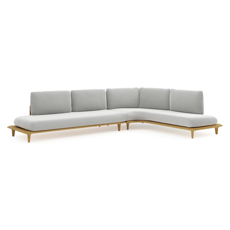 Bomero loungehoek in teak met natte grey chine all weather sunbrella® luxe kussen