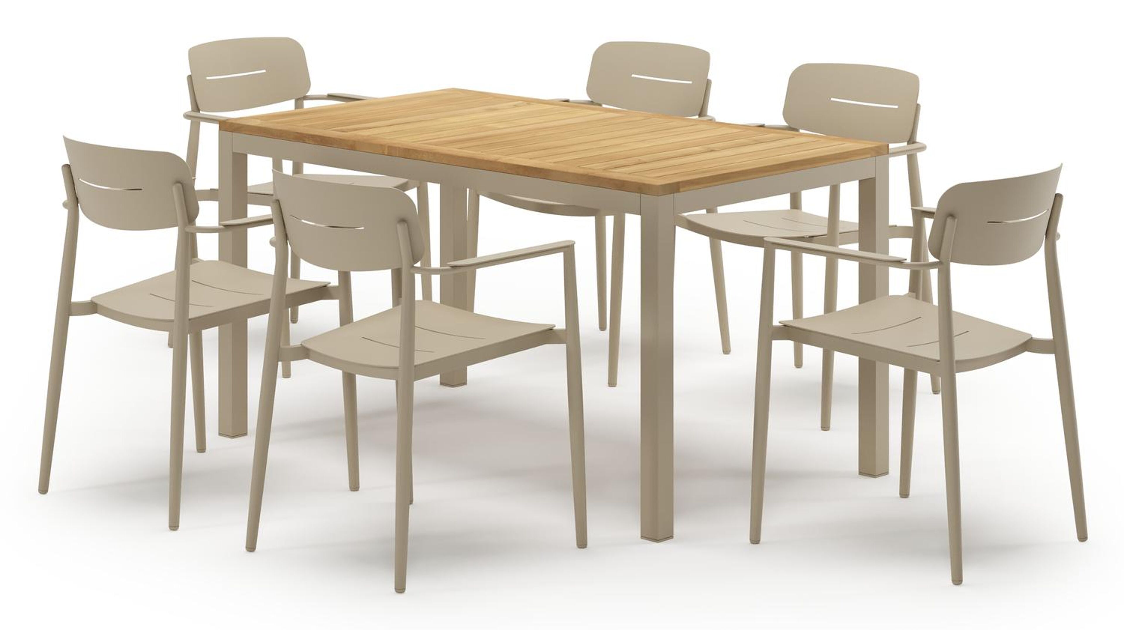 Feltro tuinset in beige aluminium en teak met 6 stapelbare Cosa tuinstoelen