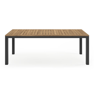 Varese tuinset in zwart aluminium en naturel teak tafelblad met 6 stapelbare Madura tuinstoelen