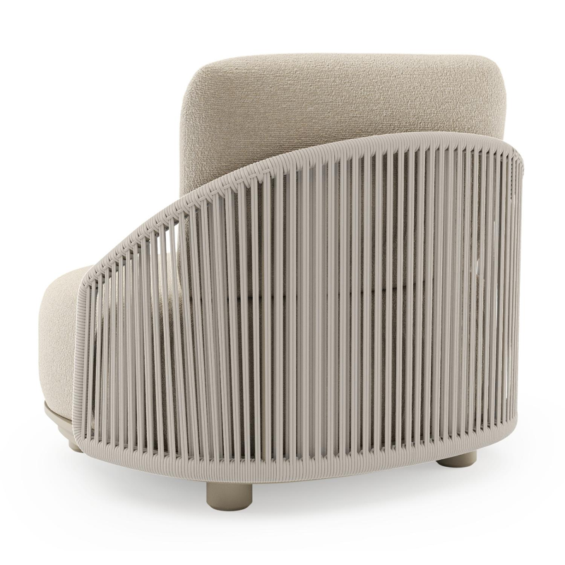 Vadelo loungestoel in beige aluminium en beige verticaal geweven ronde rope met marbella sand all weather cosytica kussen
