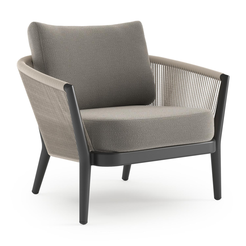 Orso loungestoel in zwart aluminium en beige verticaal geweven ronde rope met Lopi Silver all weather sunbrella® luxe kussen