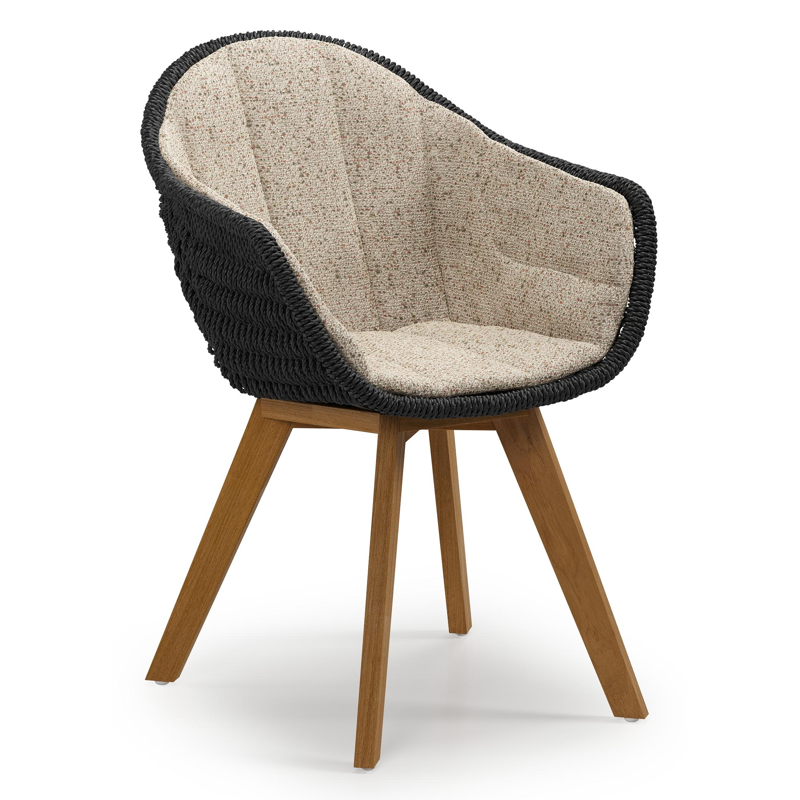 Pagino tuinstoel in teak en zwart ronde wicker met zitkussen in All Weather Cosytica Bora Jungle