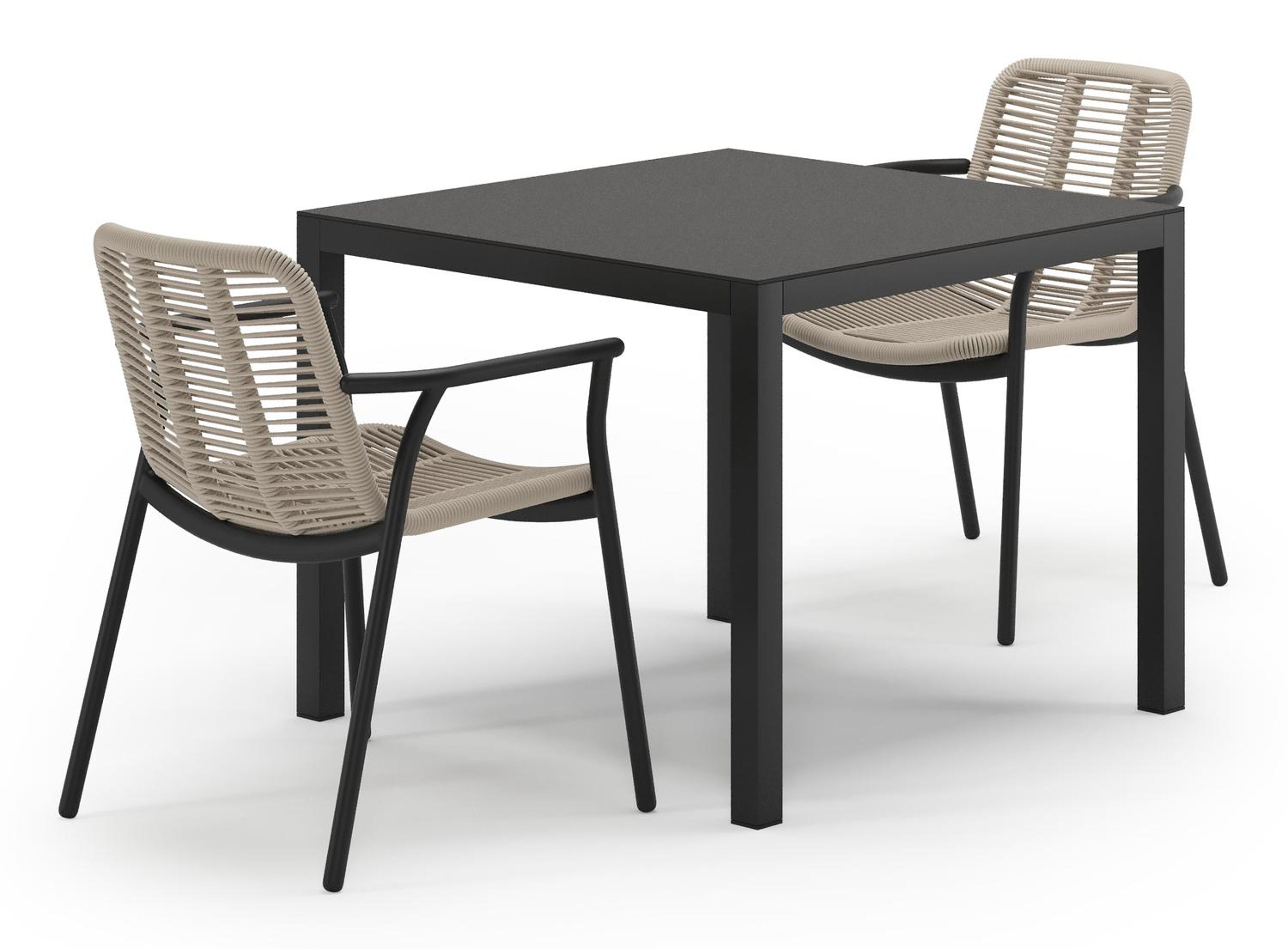 Feltro tuinset in zwart aluminium en notte minerale sintered stone met 2 stapelbare Berga tuinstoelen