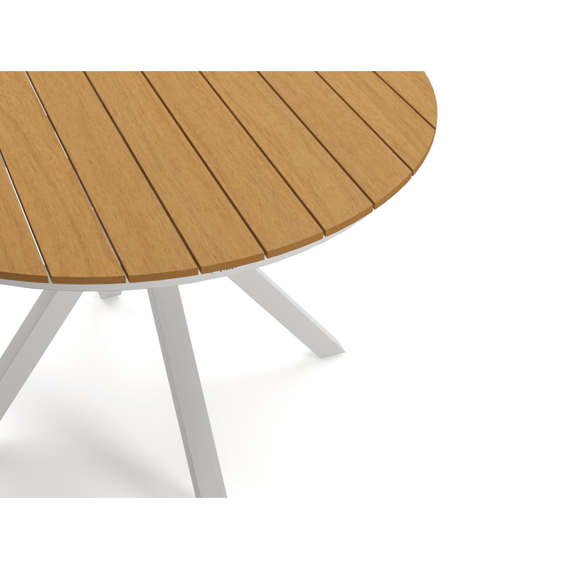 Tora tuinset in wit aluminium en naturel polywood tafelblad met 4 stapelbare Bahia tuinstoelen