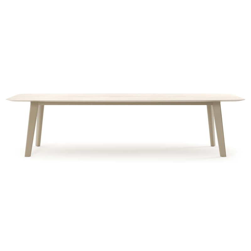 Table de jardin Lacrima forme de bateau en aluminium beige et céramique pleine Travertino Bianco - Lg. 315 x Lrg. 115 x Haut. 73 cm