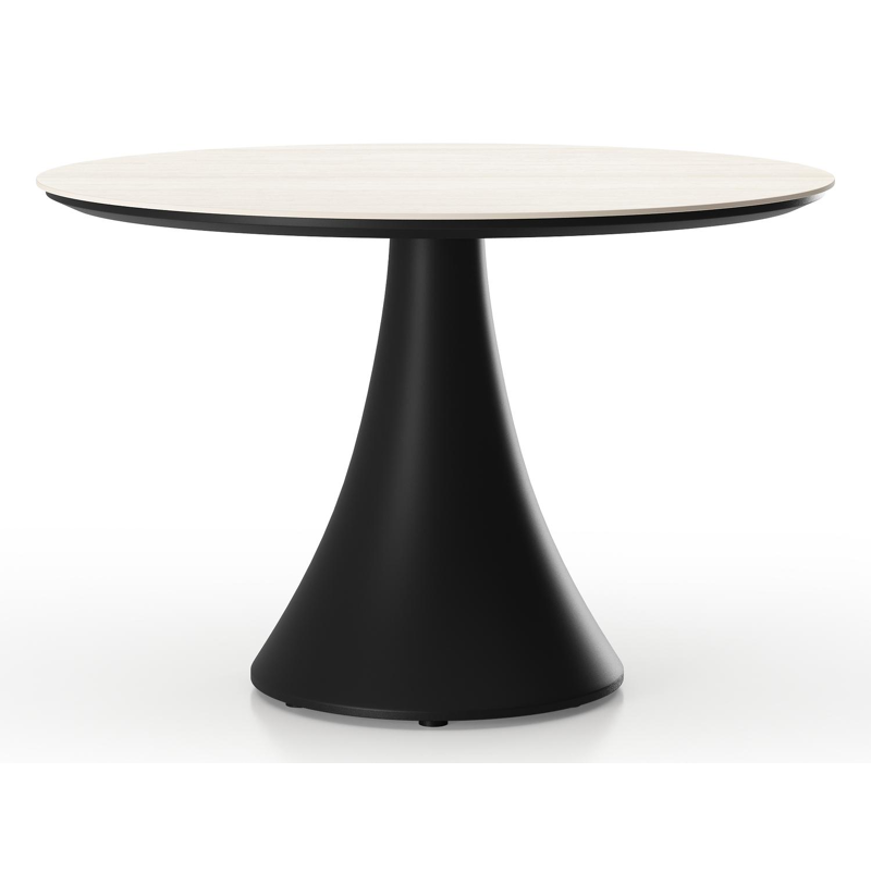 Table de basse low dining Fano ronde en aluminium noir et céramique pleine Travertino Bianco - Diam. 85 x Haut. 55 cm