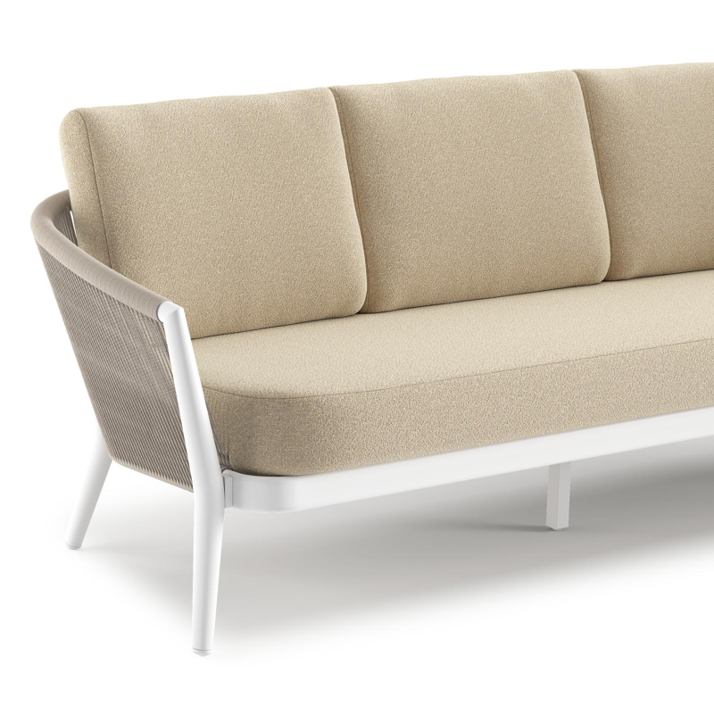 Canapé de jardin Orso en aluminium blanc en corde ronde tissée verticalement beige et coussins en all weather solica Soul Papyrus