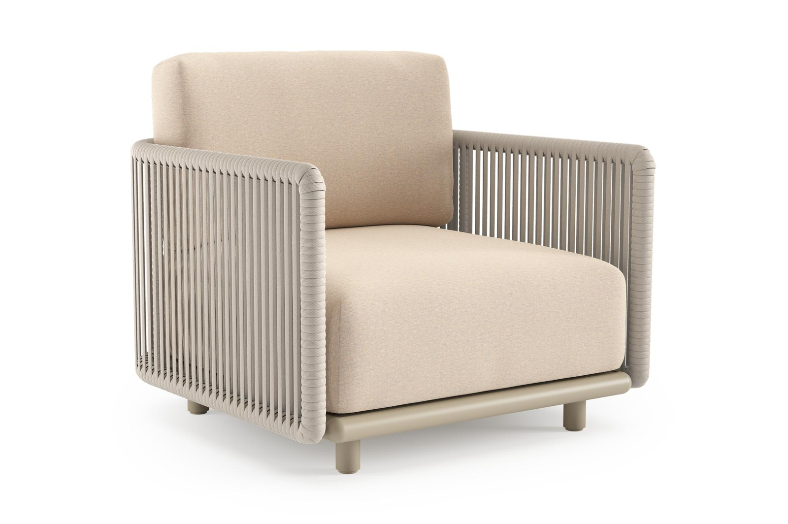 Organo loungestoel in beige aluminium en beige verticaal geweven luxe vlakke rope met heritage papyrus all weather Sunbrella® luxe kussen