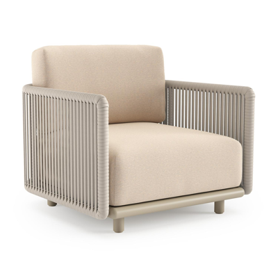 Organo loungestoel in beige aluminium en beige verticaal geweven luxe vlakke rope met heritage papyrus all weather Sunbrella® luxe kussen
