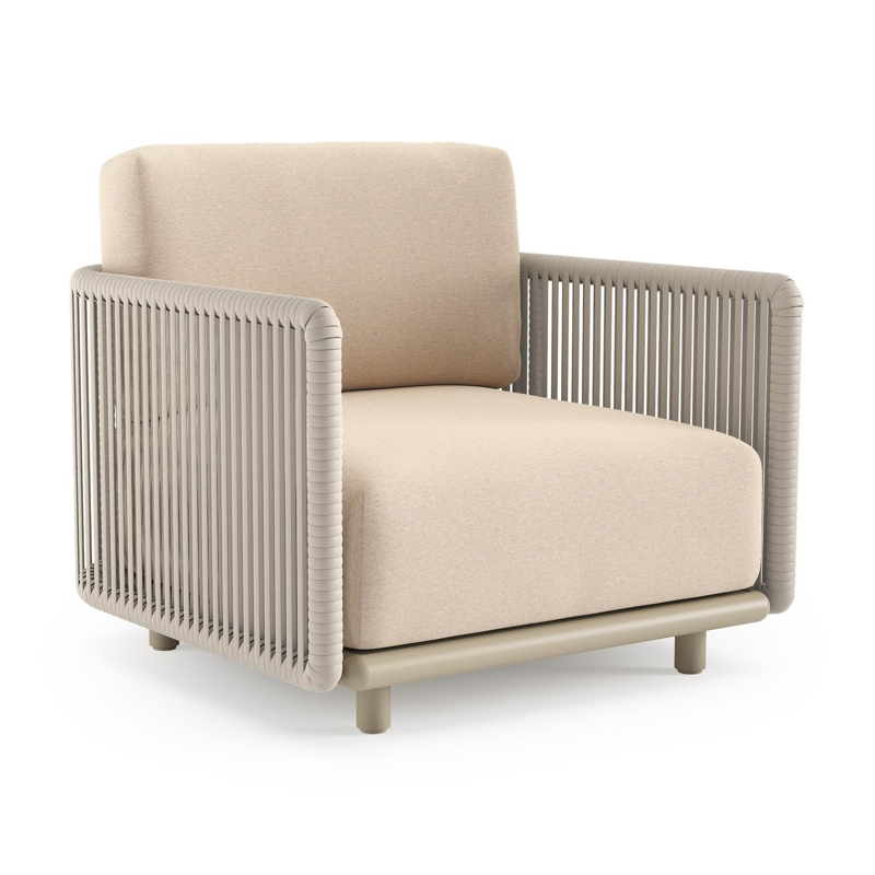 Organo loungestoel in beige aluminium en beige verticaal geweven luxe vlakke rope met heritage papyrus all weather Sunbrella® luxe kussen