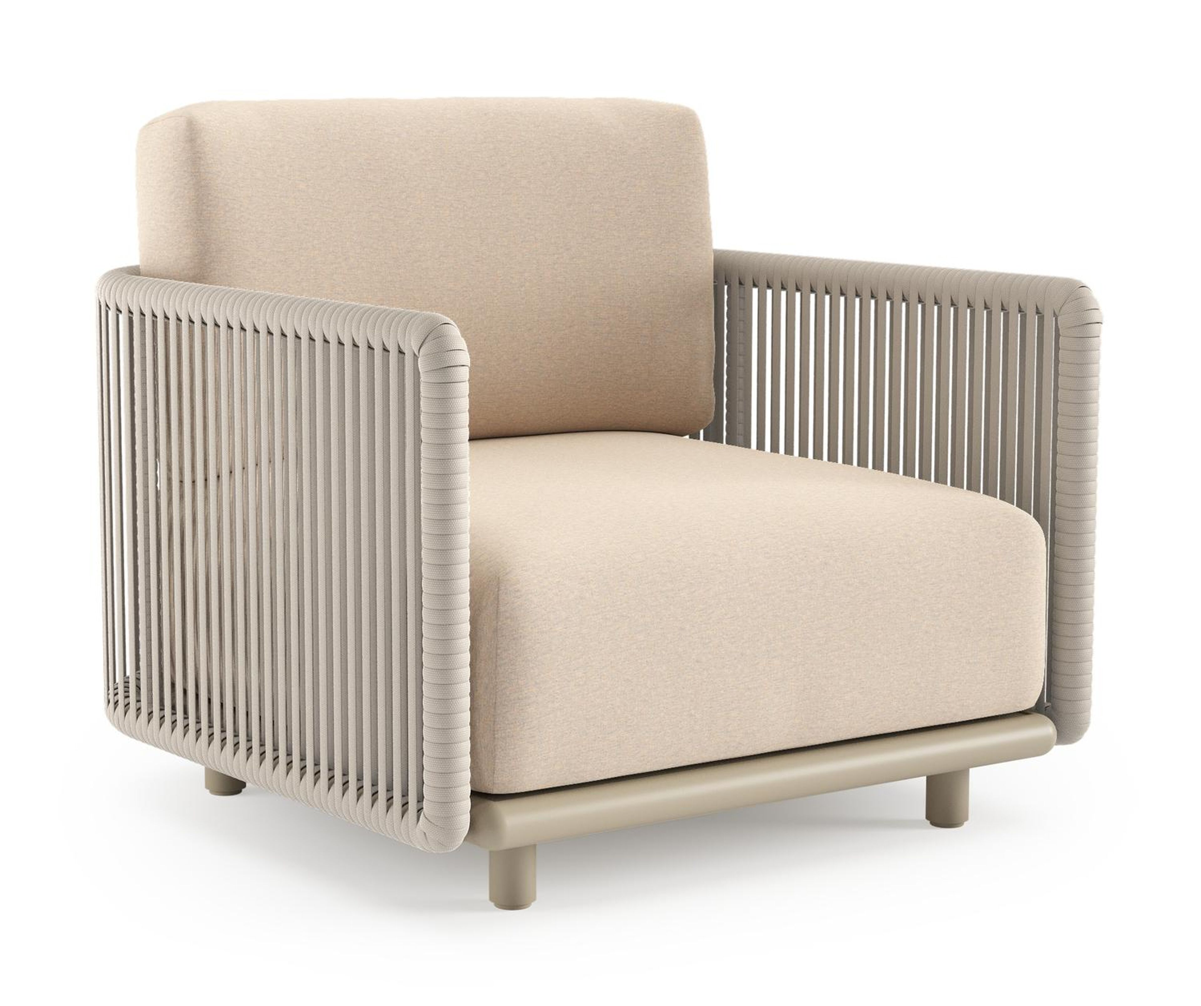Organo loungestoel in beige aluminium en beige verticaal geweven luxe vlakke rope met heritage papyrus all weather Sunbrella® luxe kussen