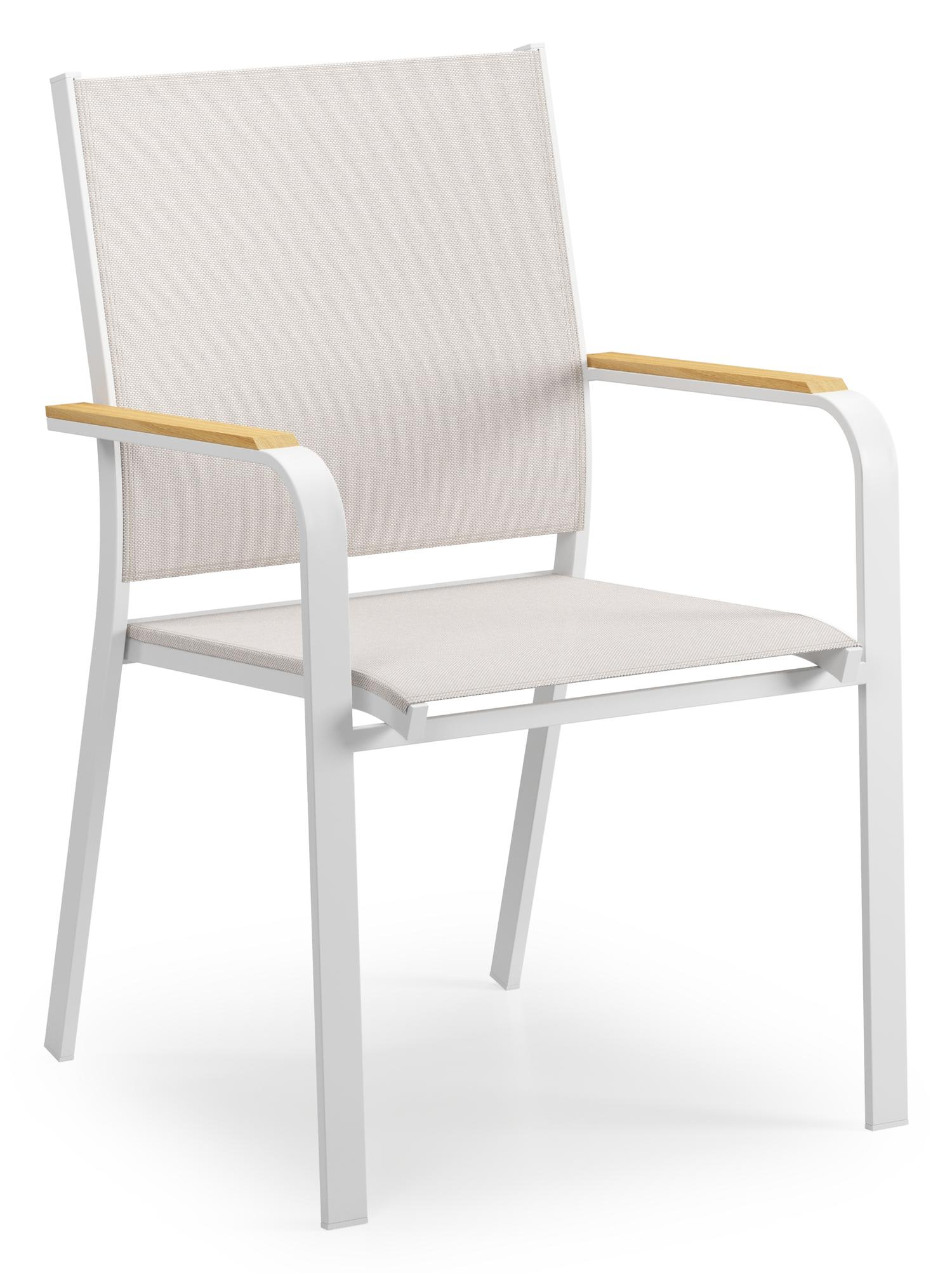 Amalfi tuinstoel in wit aluminium en beige single textileen en teak armleuning