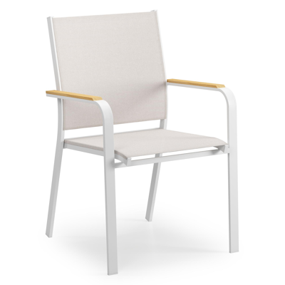 Amalfi tuinstoel in wit aluminium en beige single textileen en teak armleuning