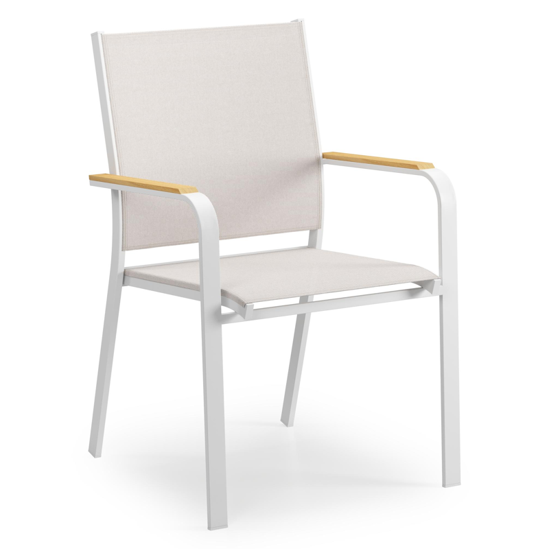 Amalfi tuinstoel in wit aluminium en beige single textilene en teak armleuning