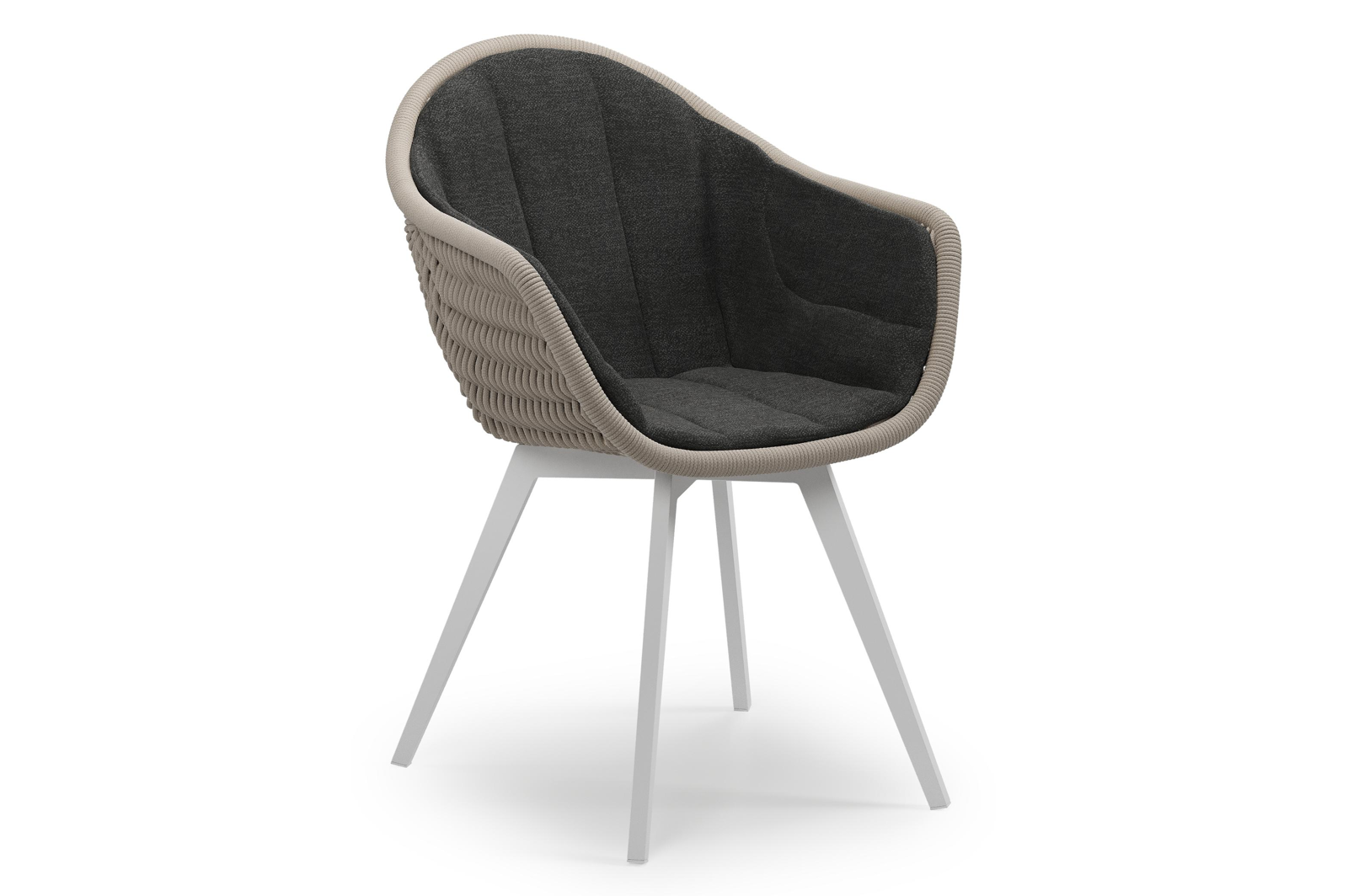 Pagino tuinstoel in wit aluminium en beige verticaal geweven ronde rope met zitkussen in All Weather Sunbrella® Luxe Chartres Sooty