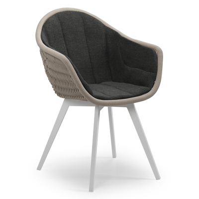 Pagino tuinstoel in wit aluminium en beige verticaal geweven ronde rope met zitkussen in All Weather Sunbrella® Luxe Chartres Sooty