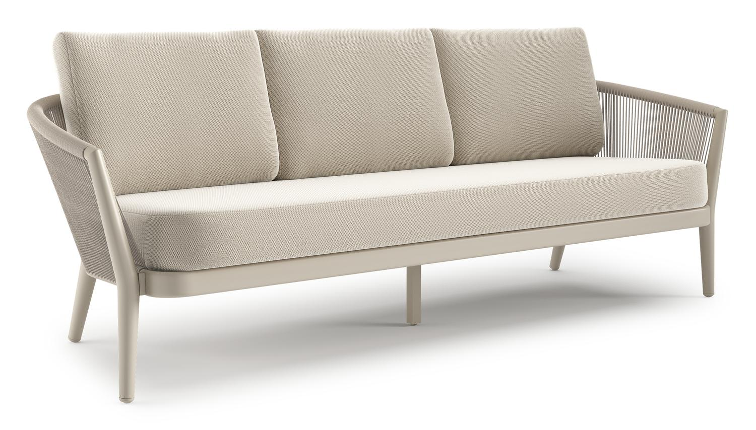 Canapé de jardin Orso en aluminium beige en corde ronde tissée verticalement beige et coussins en all weather sunbrella® luxe Lopi Marble