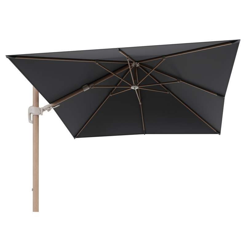 Parasol pendant Rufina avec fonction tilt en aluminium aspect de bois et toile de parasol en All Weather Sunbrella® Luxe Natte Charcoal Chine  - Lg.1 300 x Lg.2 300 cm (sans pied de parasol