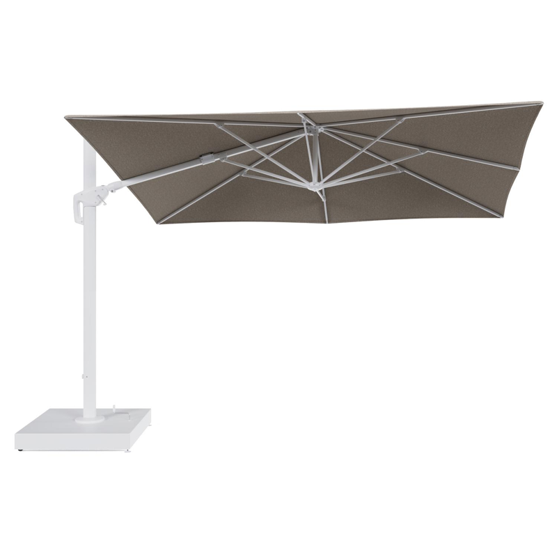 Parasol pendant Minore tilt en aluminium blanc et toile All Weather Sunbrella® Luxe Chartres Pewter - Lg.1: 280 x Lg.2: 370 cm avec pied de parasol Minore 260 kg avec roulettes