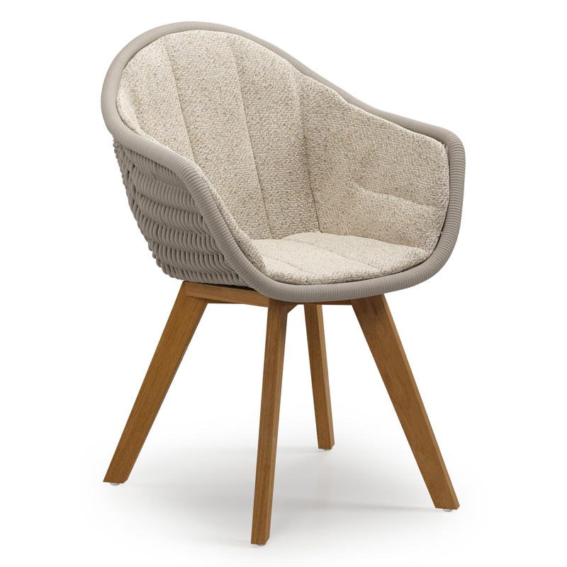 Pagino tuinstoel in teak en beige verticaal geweven ronde rope met zitkussen in All Weather Cosytica Bora Desert