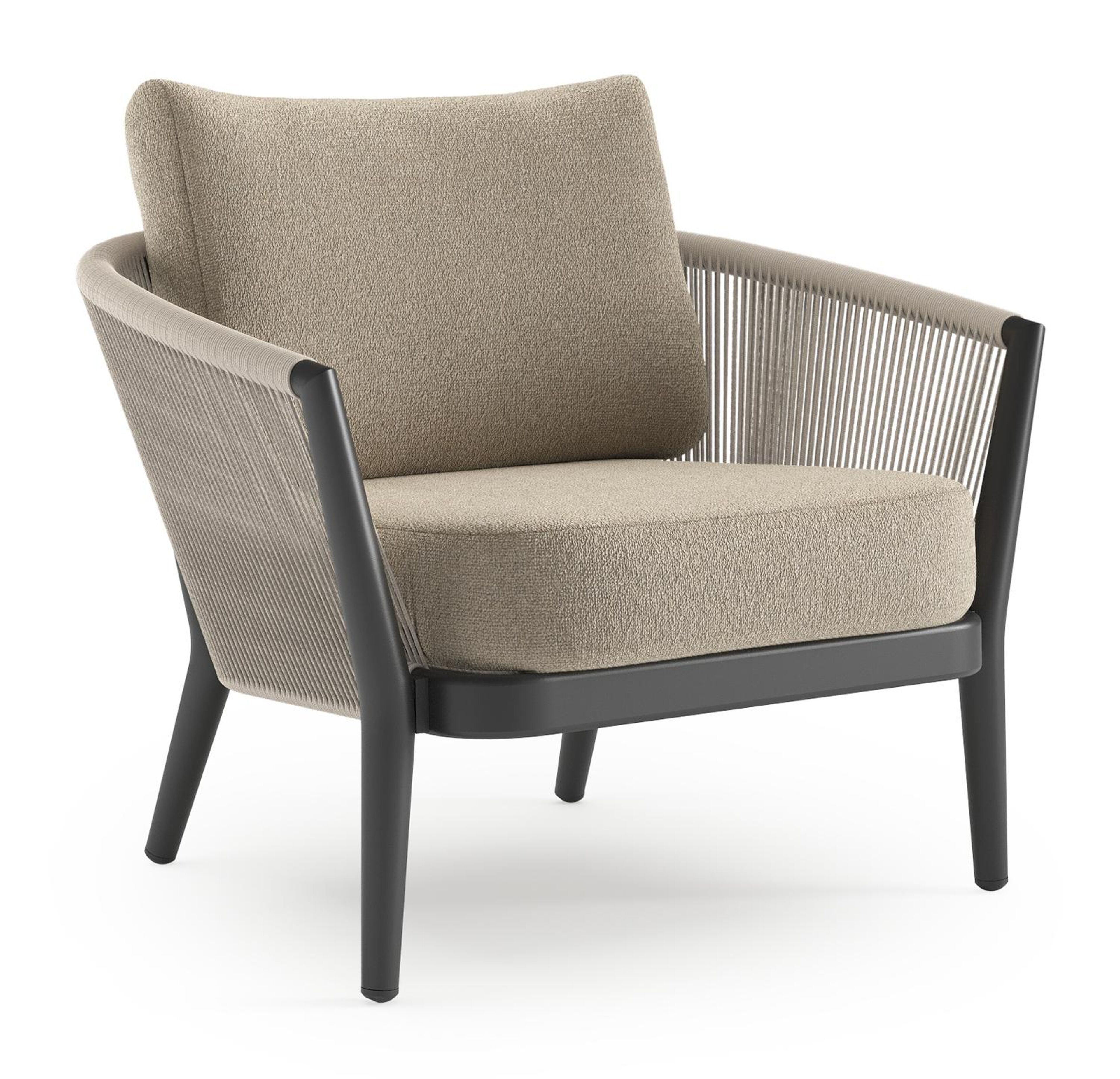 Orso loungestoel in zwart aluminium en beige verticaal geweven ronde rope met Marbella Sand all weather cosytica kussen
