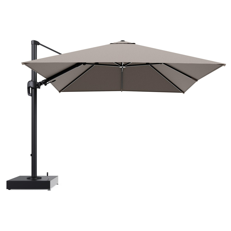 Rufina zweefparasol met tiltfunctie in zwart aluminium en Firenze Earth All Weather Solica parasoldoek - L1 300 x L2 300 cm met parasolvoet Minore 150 kg met wielen
