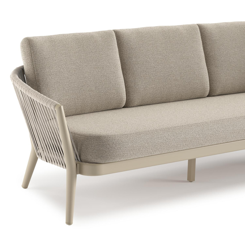 Salon de jardin Orso en aluminium beige en corde luxe plate tissée verticalement beige et coussins en all weather cosytica Catania Greige