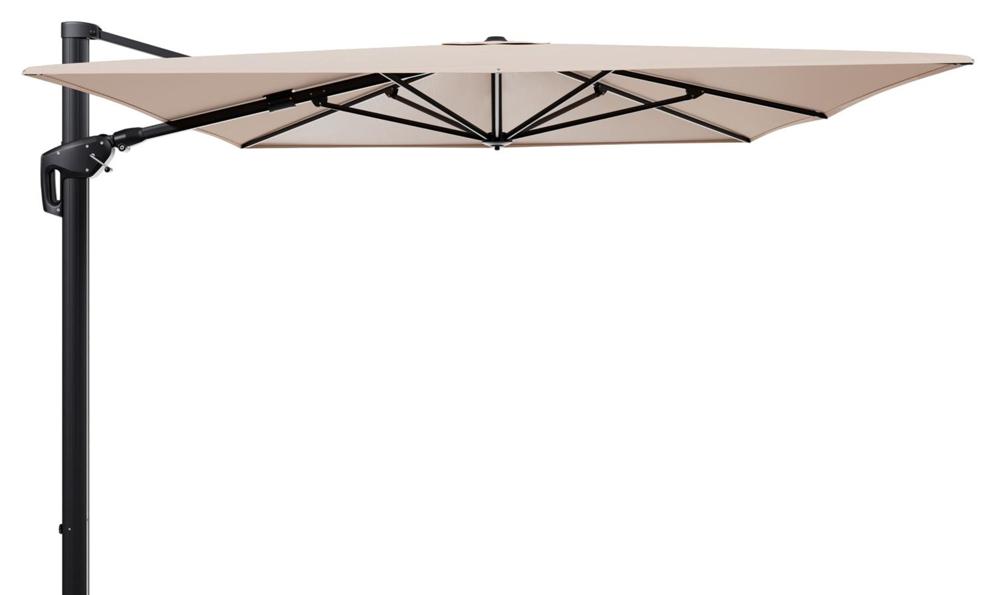Minore zweefparasol tiltfunctie in zwart aluminium en parasoldoek in All Weather Sunbrella® Luxe Natte Linen Chalk  - L1 400 x L2 300 cm (zonder voet)