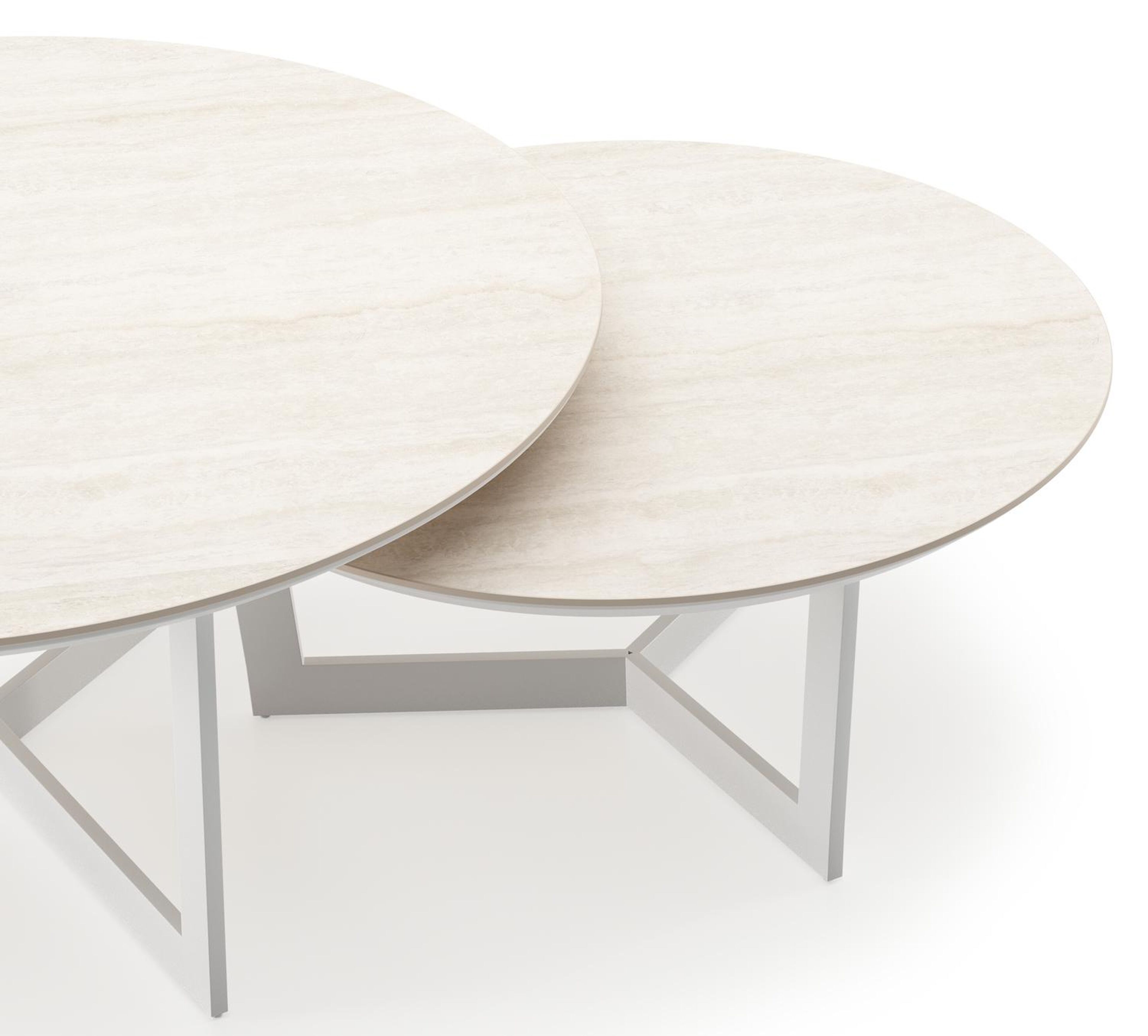 Ensemble de 2 tables d'appoint Lacrima ronde en blanc aluminium et céramique pleine Travertino Bianco - Diam. 85 x Haut. 35 cm