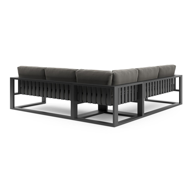 Salon de jardin d'angle Verato en aluminium noir et coussins en all weather sunbrella® luxe natte dark taupe