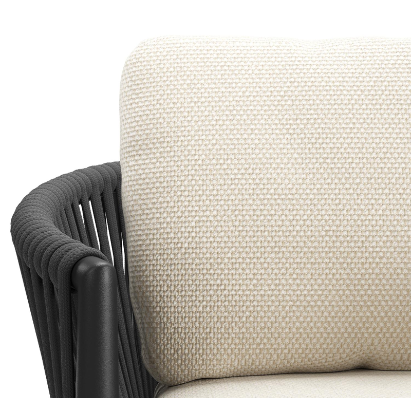 Organo tuinstoel in zwart aluminium en zwart verticaal geweven luxe vlakke rope met zitkussen in All Weather Cosytica Althea Off White