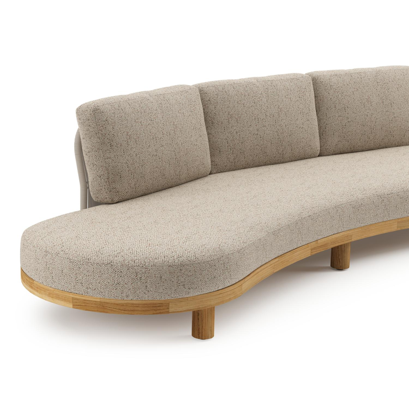 Donato loungebank in teak en beige verticaal geweven ronde rope met all weather cosytica Bora Jungle kussen