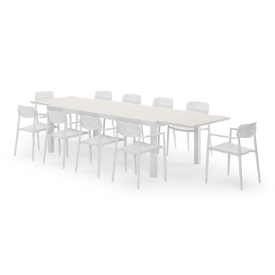 Calobra rechthoekige uitschuifbare tuinset in wit aluminium en sintered stone crema minerale met 10 Cosa tuinstoelen