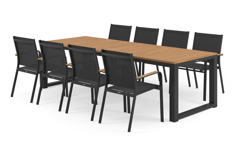 Livo tuinset in zwart aluminium en naturel teak tafelblad met 8 stapelbare Amalfi tuinstoelen