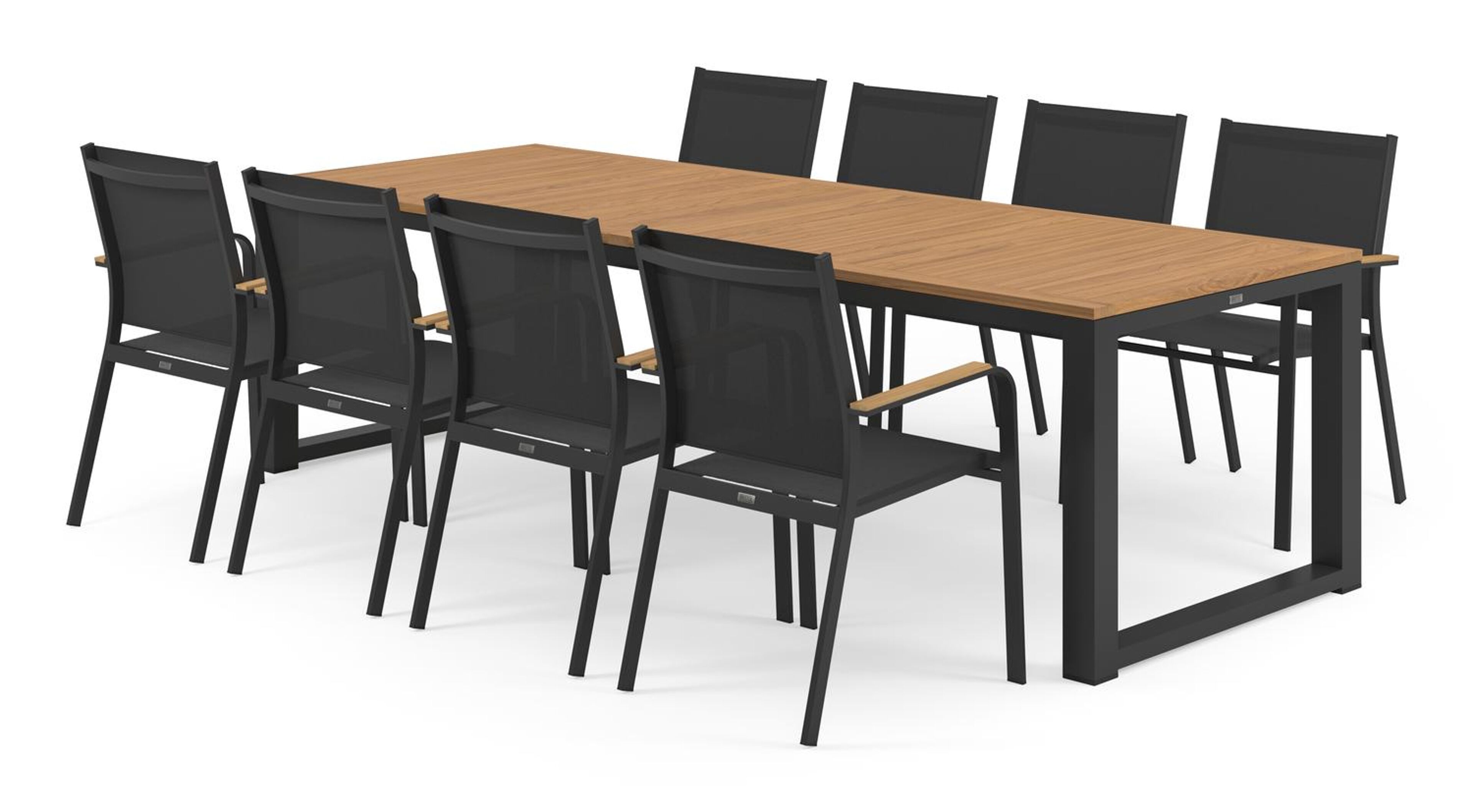 Livo tuinset in zwart aluminium en naturel teak tafelblad met 8 stapelbare Amalfi tuinstoelen