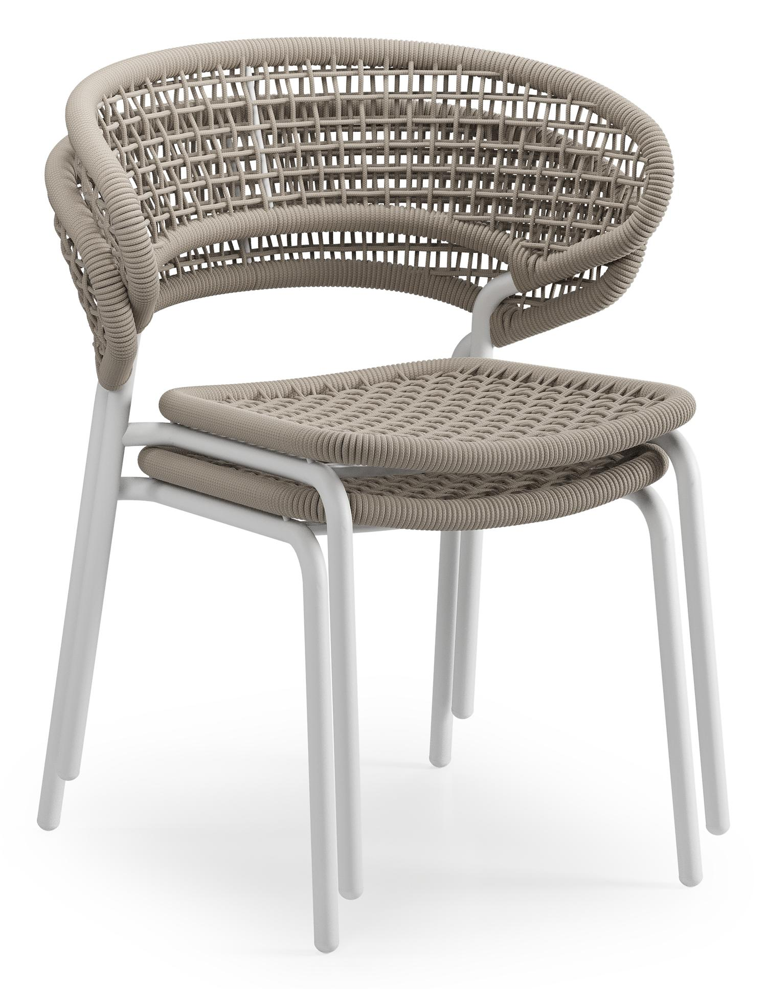 Chaise de jardin XL Donato en aluminium blanc et corde ronde tissée carrée beige