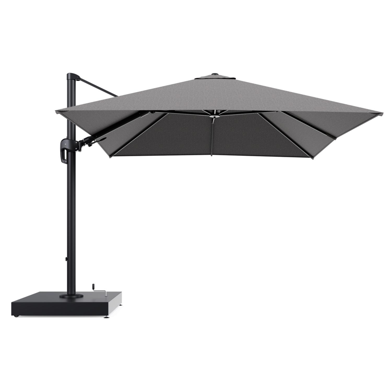 Rufina zweefparasol met tiltfunctie in zwart aluminium en Chartres Drizzle All Weather Sunbrella® Luxe parasoldoek - L1 300 x L2 300 cm met parasolvoet Minore 260 kg met wielen