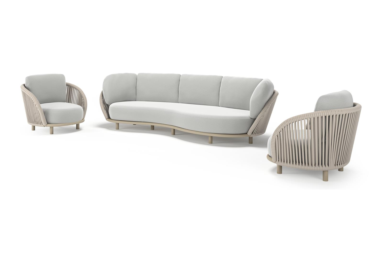 Lupino loungeset in beige aluminium en beige verticaal geweven luxe vlakke brede rope met natte grey chine all weather sunbrella® luxe kussen