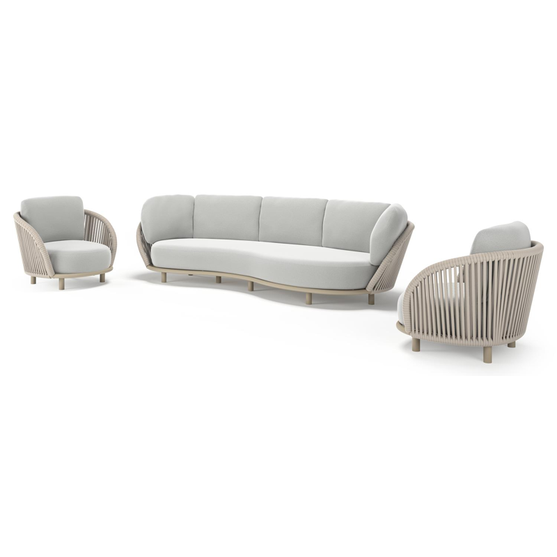 Lupino loungeset in beige aluminium en beige verticaal geweven luxe vlakke brede rope met natte grey chine all weather sunbrella® luxe kussen