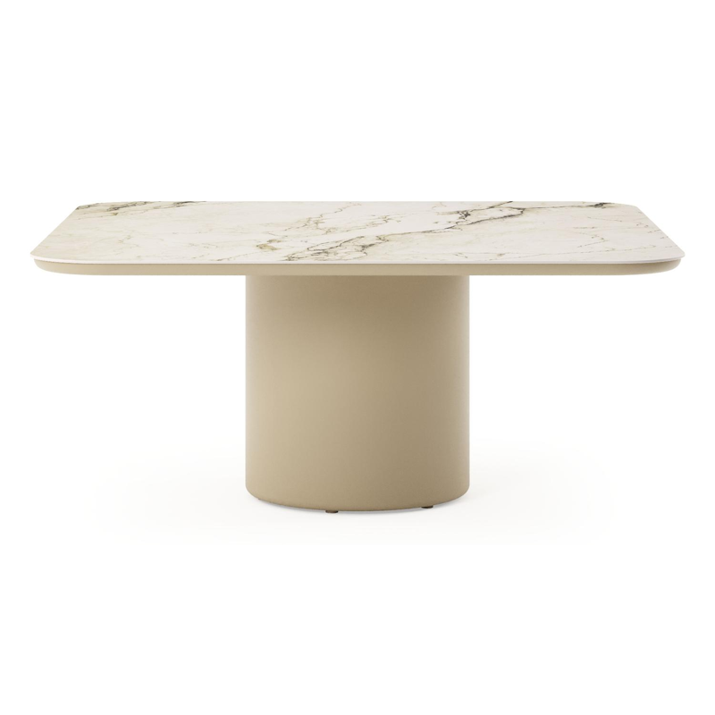 Table de jardin low dining Amico carré arrondi en aluminium beige et céramique pleine Colorado Dunes - Lg. 148 x Lrg. 148 x Haut. 61 cm
