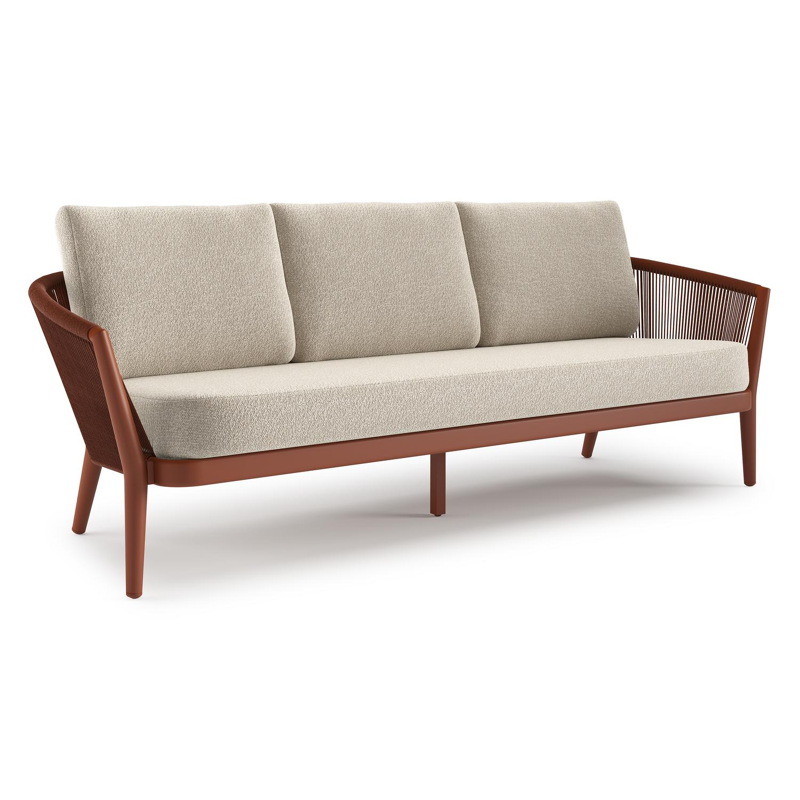 Orso loungebank in roestbruin aluminium en roestbruin verticaal geweven ronde rope met Marbella Ecru all weather cosytica kussen
