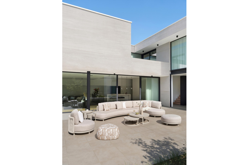 Salon de jardin d'angle Lomano en aluminium beige et corde luxe plate tissÃ©e verticalement beige et coussins en all weather cosytica Althea Off White