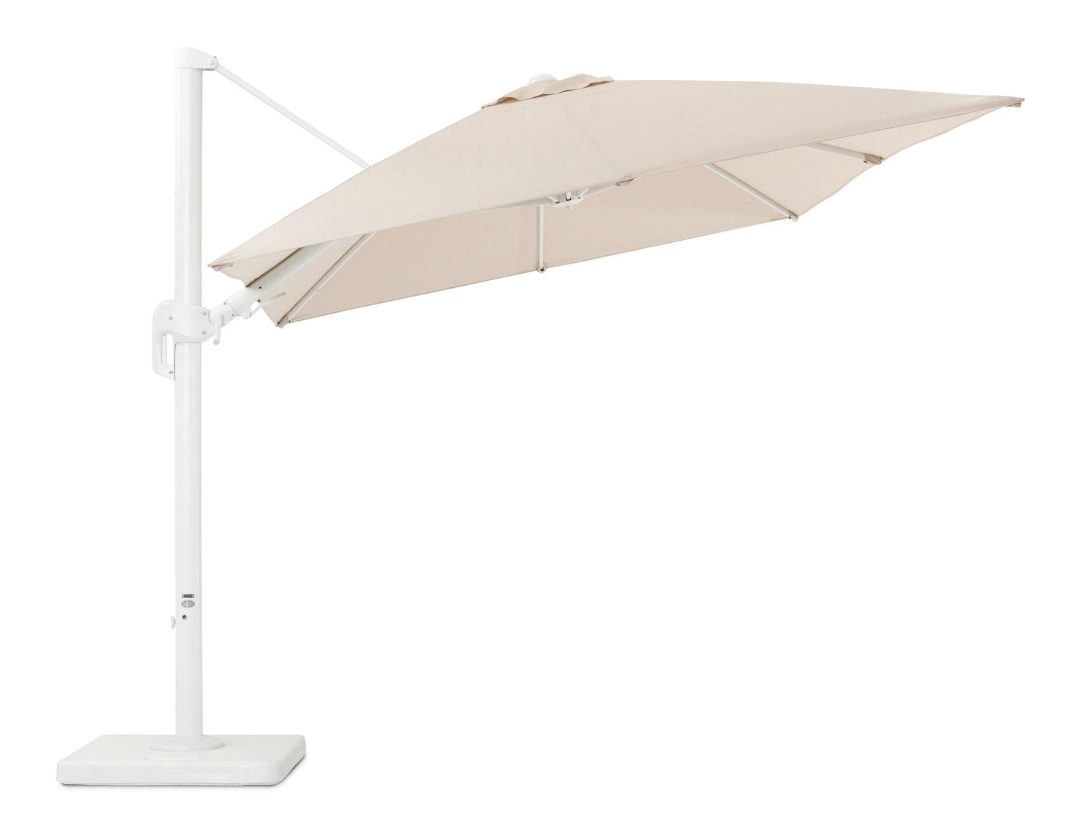 Rufina zweefparasol met tiltfunctie in wit aluminium met beige all weather sunbrella® premium parasoldoek - L1: 250 x L2: 350 cm (met voet)
