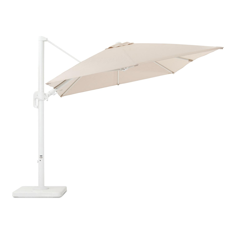 Rufina zweefparasol met tiltfunctie in wit aluminium met beige all weather sunbrella® premium parasoldoek - L1: 250 x L2: 350 cm (met voet)