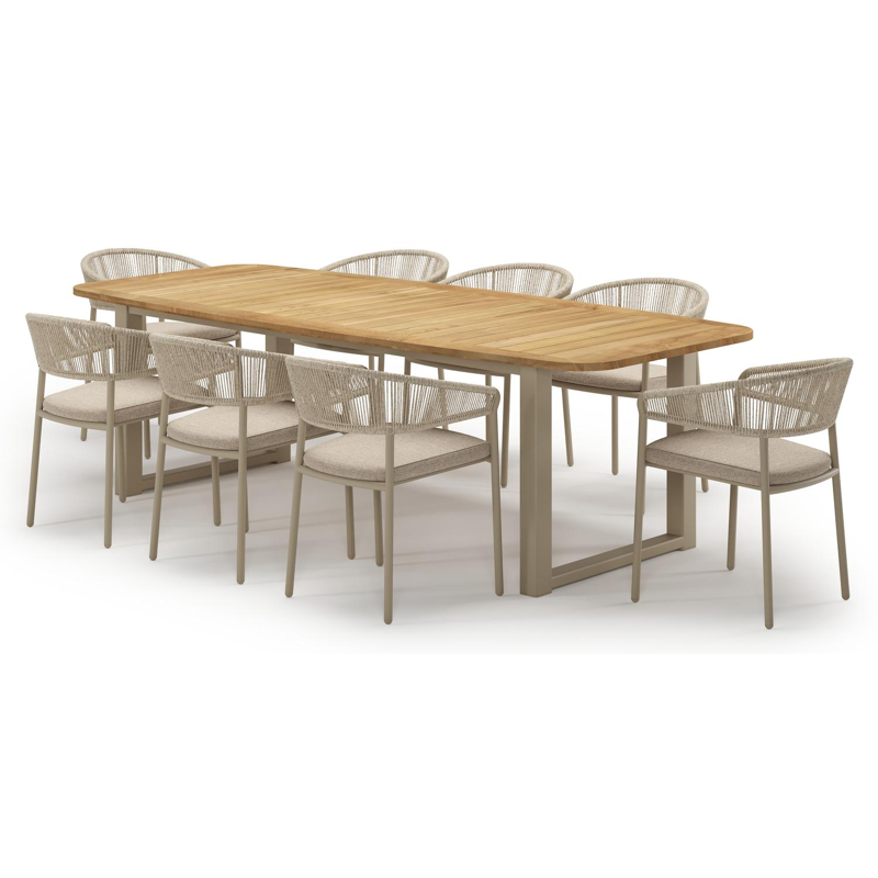 Ensemble de jardin Livo en aluminium beige et teck avec 8 chaises de jardin empilable Zamora